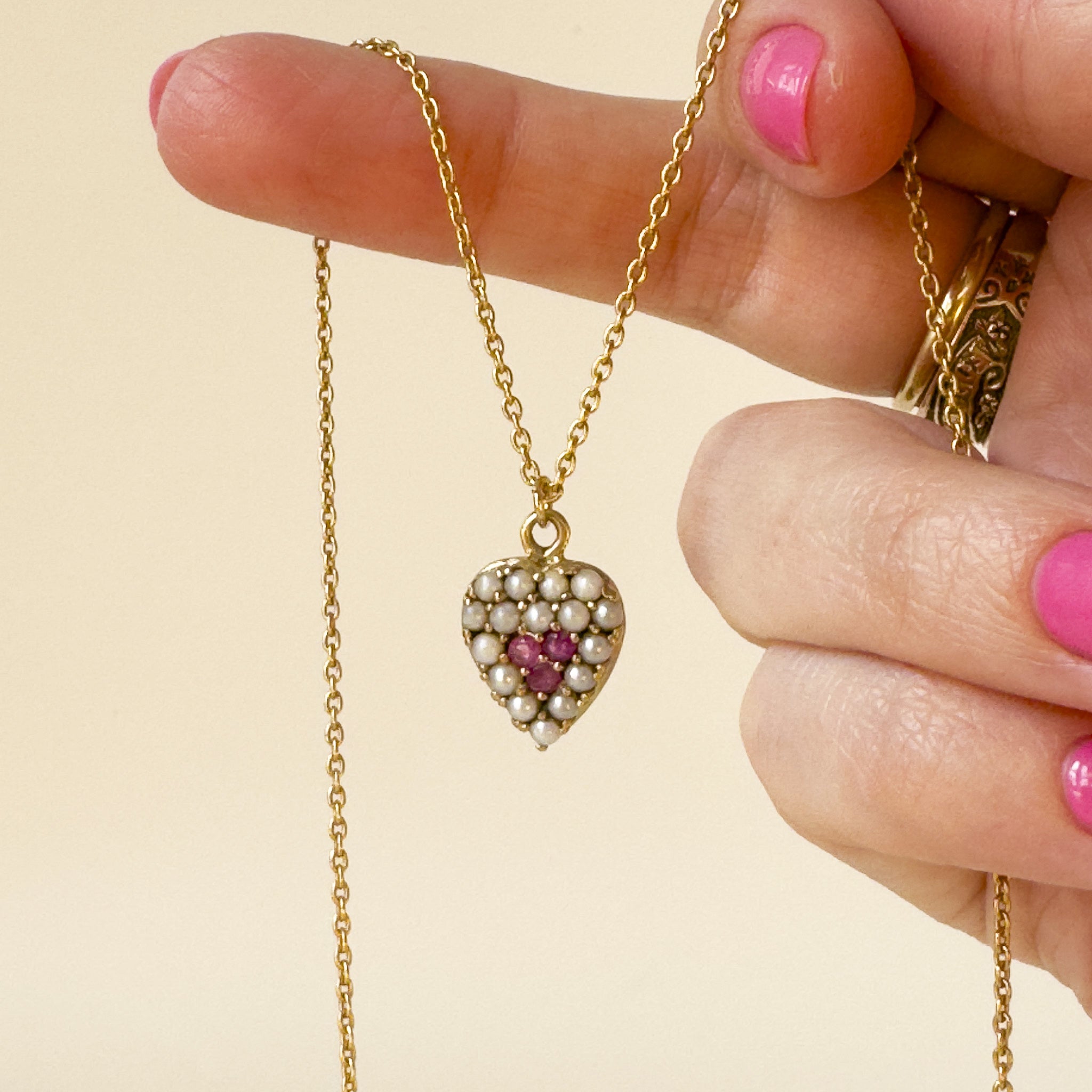 victorian heart pendant with pearl and ruby 